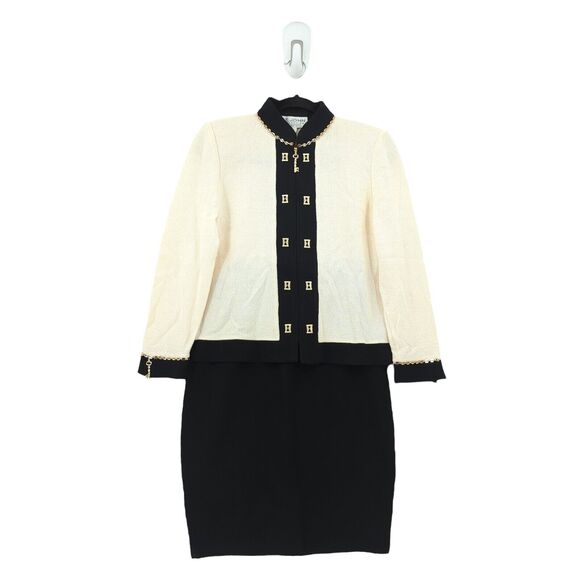St John Evening Women 4 Santana Suit Blazer Midi Skirt White Black Key FALL 2001 - Picture 2 of 11